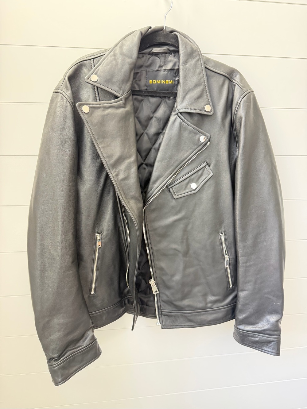 Men's Black Leather Biker Jacket XL